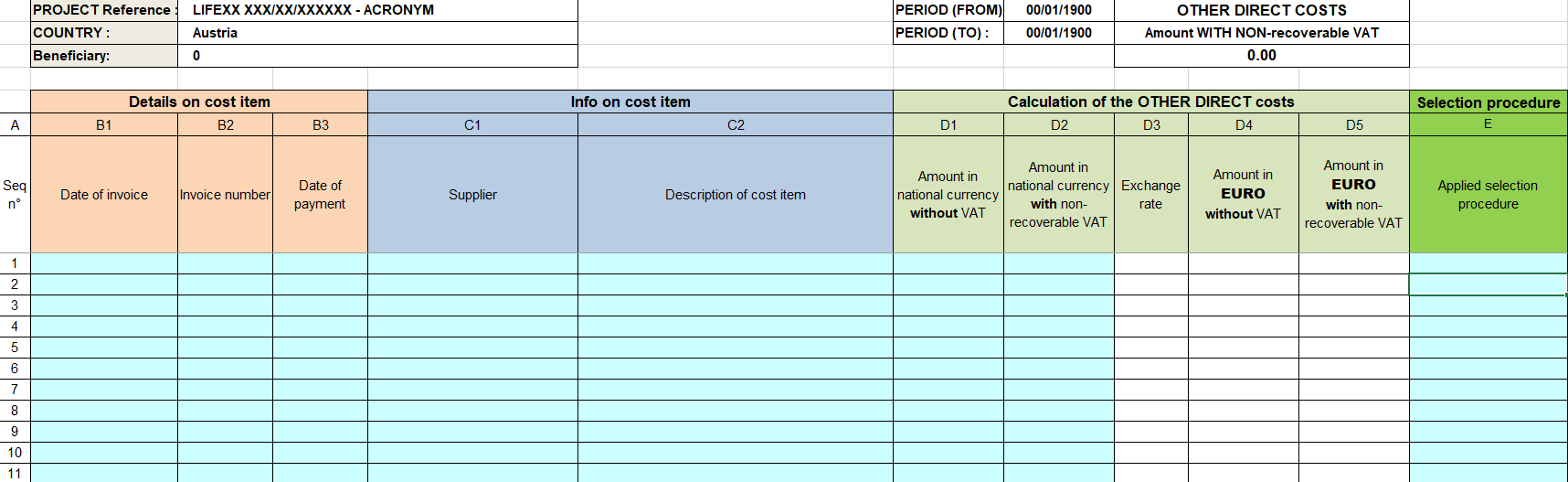 How to report costs of affiliated entities in a Life Project?